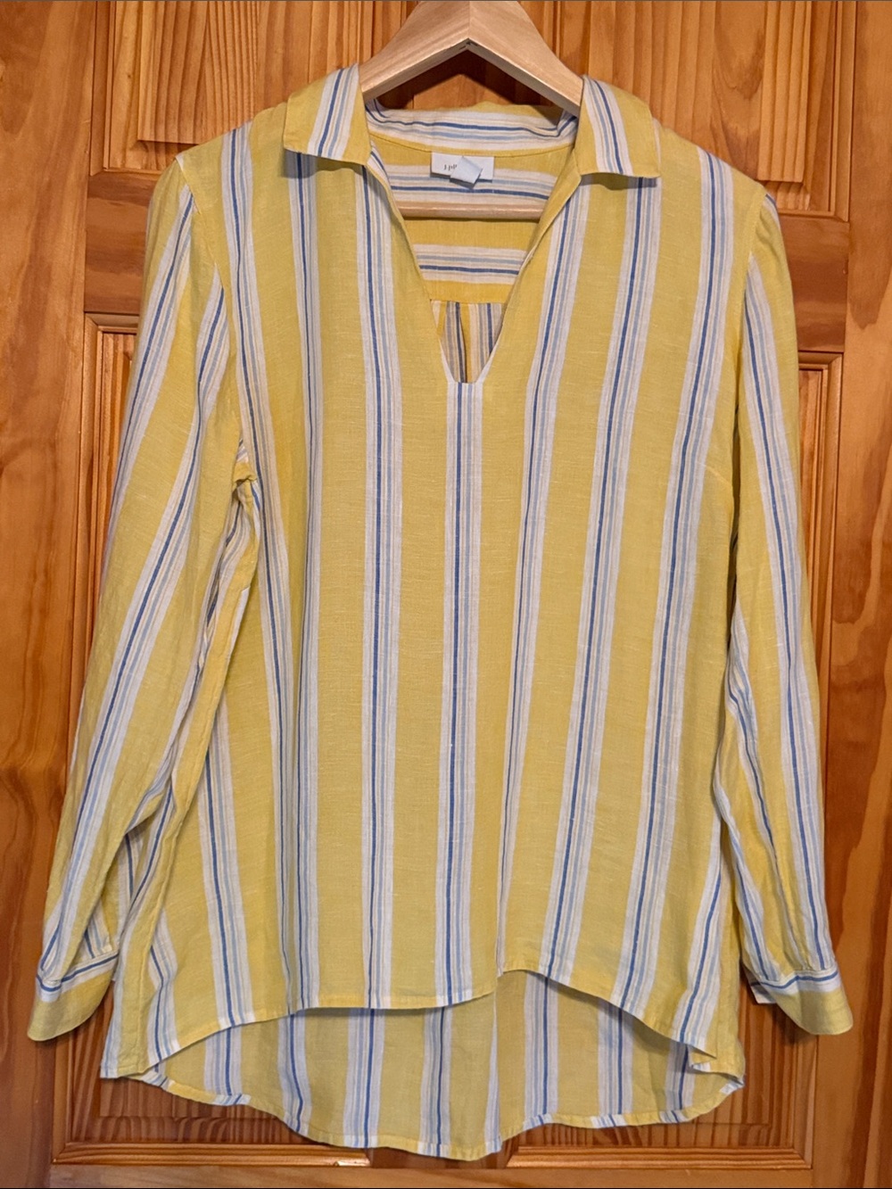 J. Jill Love Linen Yellow Striped V-Neck Collared Top